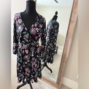 Women’s black floral 3/4 sleeve dress about 40” length lightweight ruffle hem